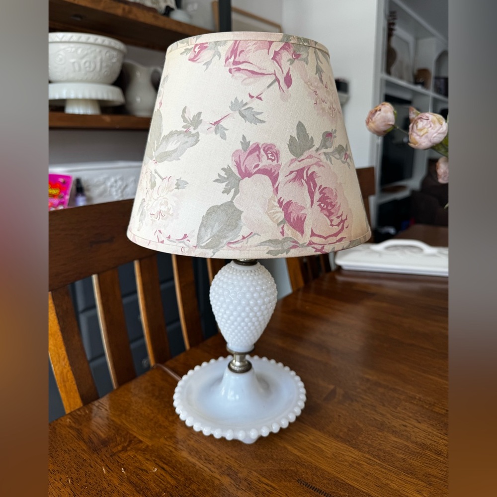 Vtg Hobnail Milk Glass Lamp Dresser Vanity Table With Floral Shade Shabby Chic